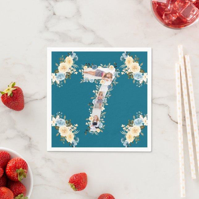 Serviette En Papier Collage photo turquoise 7e anniversaire Fleur bleu (En situation)