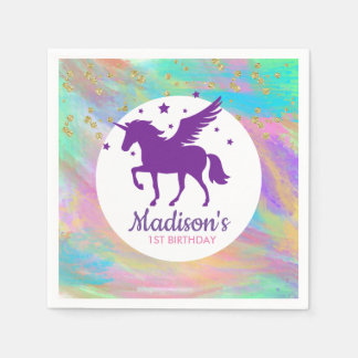Serviette En Papier Colorée Or Speckled violet Unicorn Anniversaire