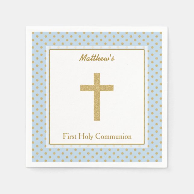 Serviette En Papier Communion bleu avec Pois d'or (Devant)