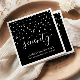 Serviette En Papier Confetti d'argent sur Black 70th Birthday Party