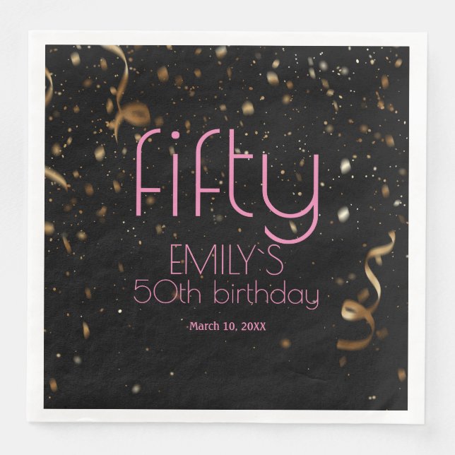Serviette En Papier Confetti d'or noir moderne 50e anniversaire (Devant)