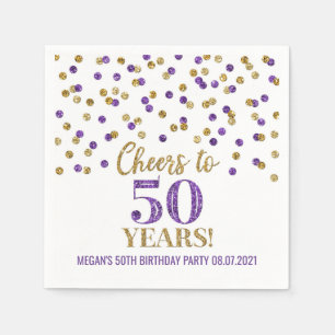 Serviette En Papier Confetti violet doré, 50 ans d'anniversaire