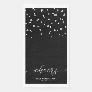 Serviette En Papier Confettis de fête écriture élégante Noir Argent