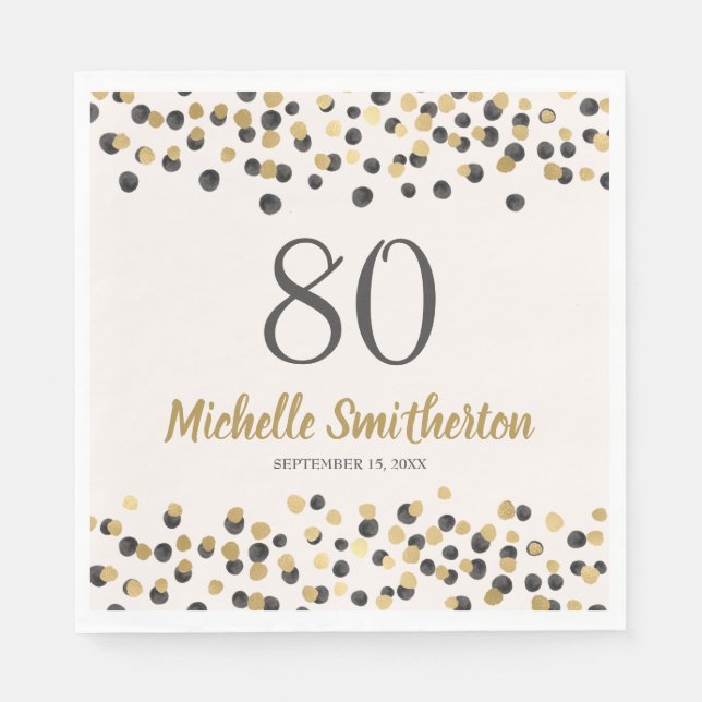 Serviette En Papier Confettis Pailletés Or Noir 80e Anniversaire (Devant)