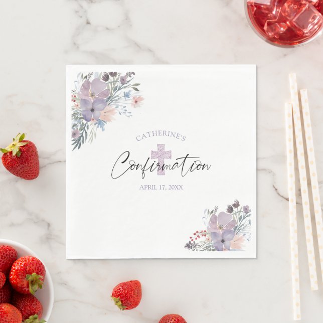 Serviette En Papier Confirmation Aquarelle Fleurs sauvages Croix pourp (En situation)