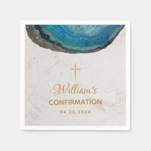 Serviette En Papier Confirmation Boy Blue Geode Gold Cross Marble