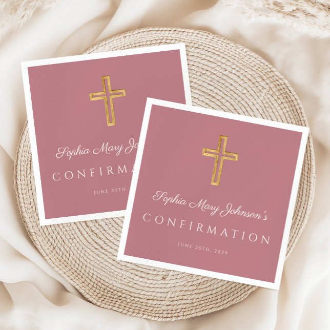 Serviette En Papier Confirmation de la Croix religieuse rose moderne (Modern Pink Religious Cross Girl Confirmation Napkins)
