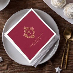 Serviette En Papier Confirmation de la fille Burgundy Gold Cross Crest
