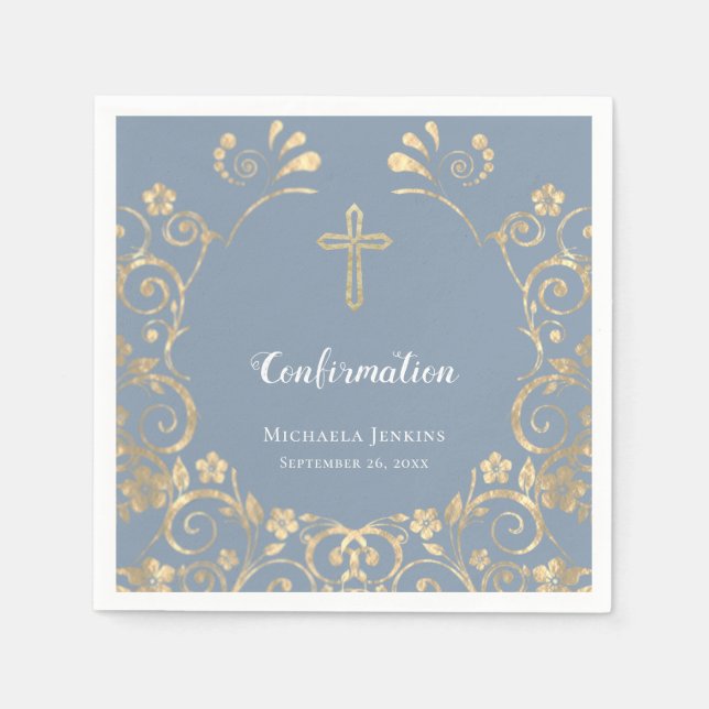 Serviette En Papier Confirmation élégante Dusty Blue et Gold (Devant)