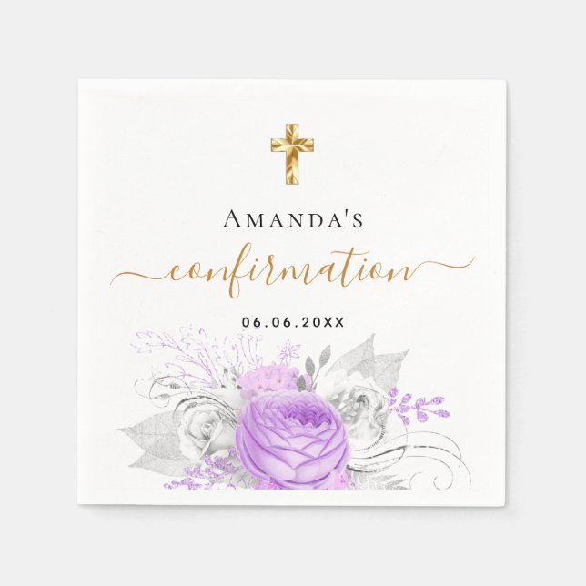 Serviette En Papier Confirmation florale violet blanc nom fille (Devant)