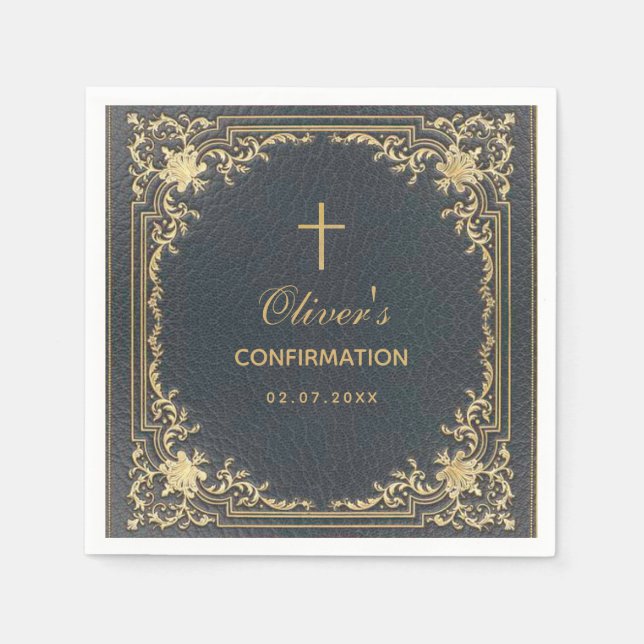 Serviette En Papier Confirmation Garçon Bleu Élégant Calligraphie Vint (Devant)