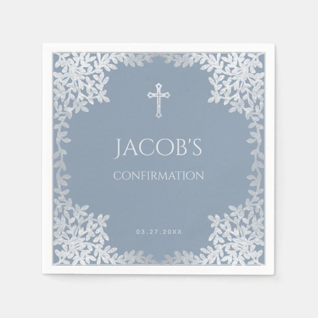 Serviette En Papier Confirmation Garçon Dusty Bleu Élégant Feuilles d' (Devant)