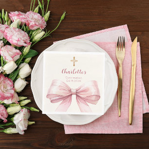 Serviette En Papier Confirmation rose poudré ruban crème croix déjeune
