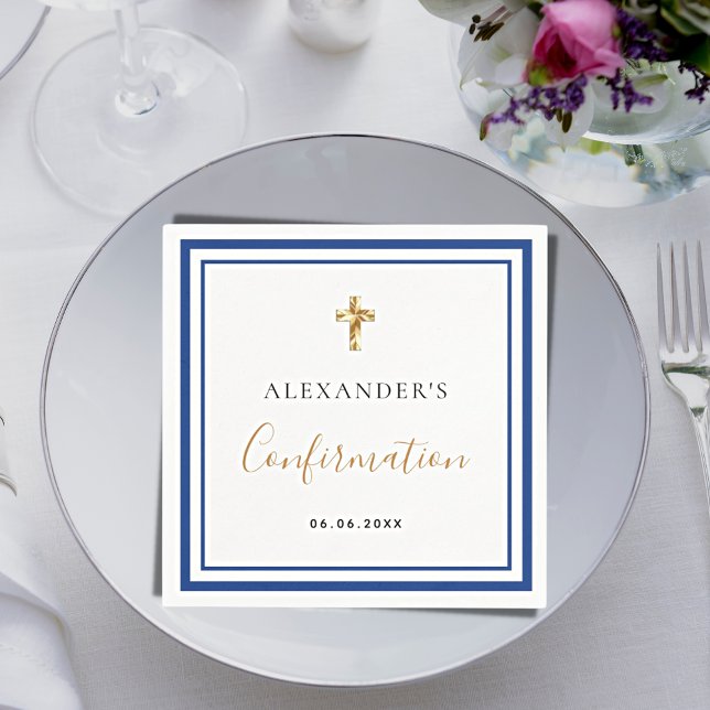 Serviette En Papier Confirmation royal bleu blanc nom garçon gars (Créateur téléchargé)