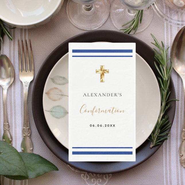 Serviette En Papier Confirmation royal bleu blanc nom garçon gars (Créateur téléchargé)