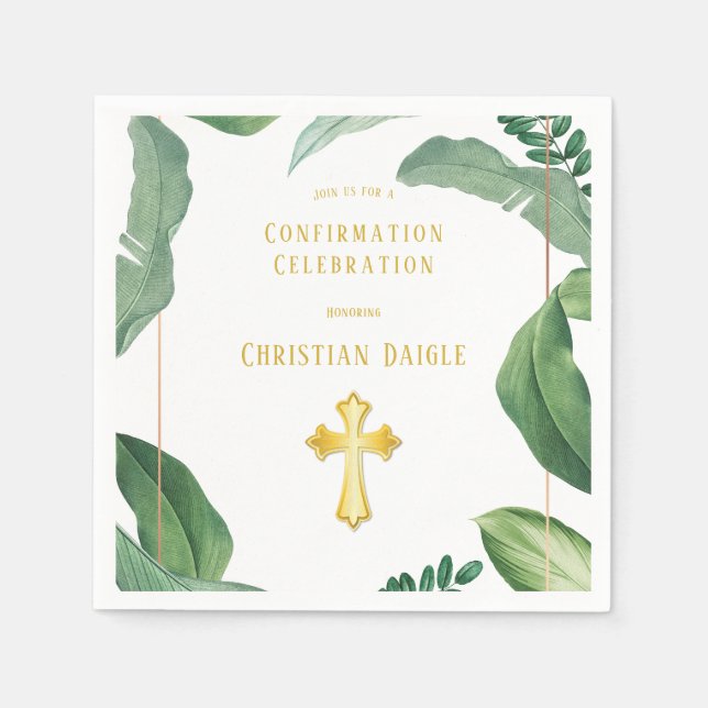 Serviette En Papier Confirmation Trendy Green And Gold Cross (Devant)