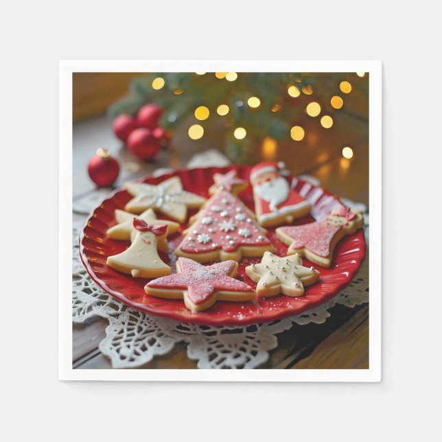 Serviette En Papier Cookies de Noël sur une plaque rouge (Devant)