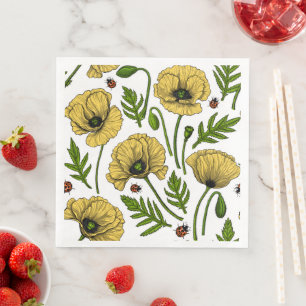 Serviette En Papier Coquelicots jaunes et coccinelles