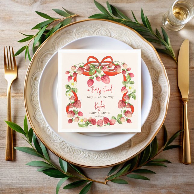 Serviette En Papier Coquette à ruban de fraise baby shower (Strawberry red ribbon bow coquette berry sweet baby shower personalized printed napkins)