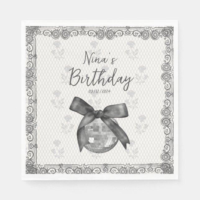 Serviette En Papier Coquette Black Bow & Disco Ball Elégant Anniversai (Devant)
