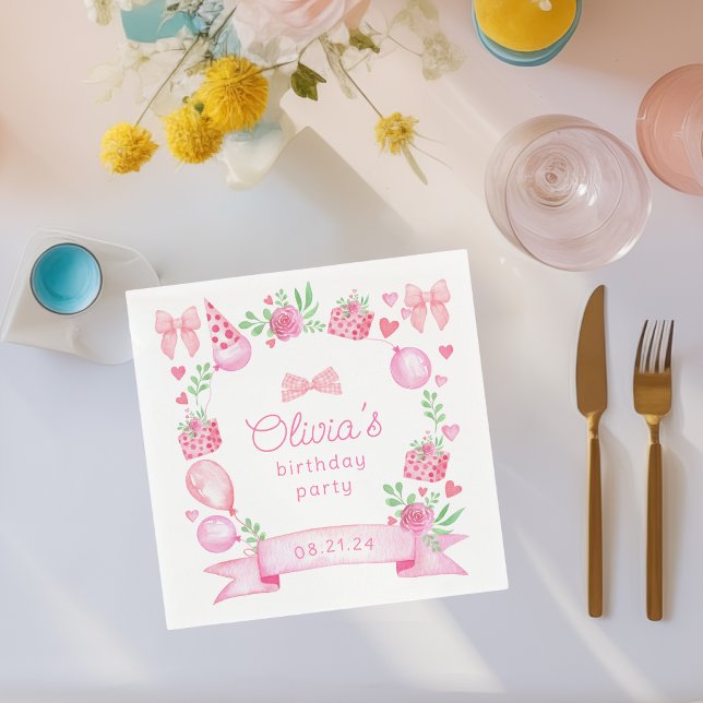 Serviette En Papier Coquette Pink Bow Preppy Girl Anniversaire (cute napkin for preppy pink coquette baby girl birthday parties)