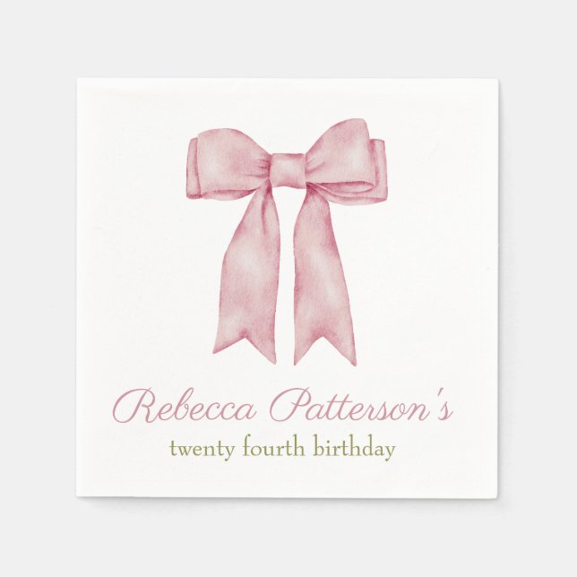 Serviette En Papier Coquette Rose Aquarelle Bow Fête Anniversaire (Devant)
