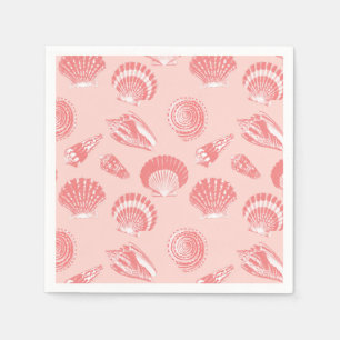 Serviette En Papier Coquillages - corail rose et blanc