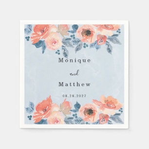 Serviette En Papier Corail et Dusty Blue Floral Boho Mariage