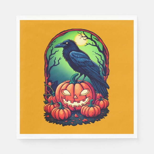 Serviette En Papier Corbeau d'Halloween dans un Patch Citrouille (Devant)