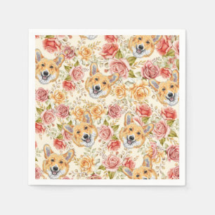 SERVIETTE EN PAPIER CORGI DOG ET ANGLAIS ROSE PAPIER DECOUPAGE