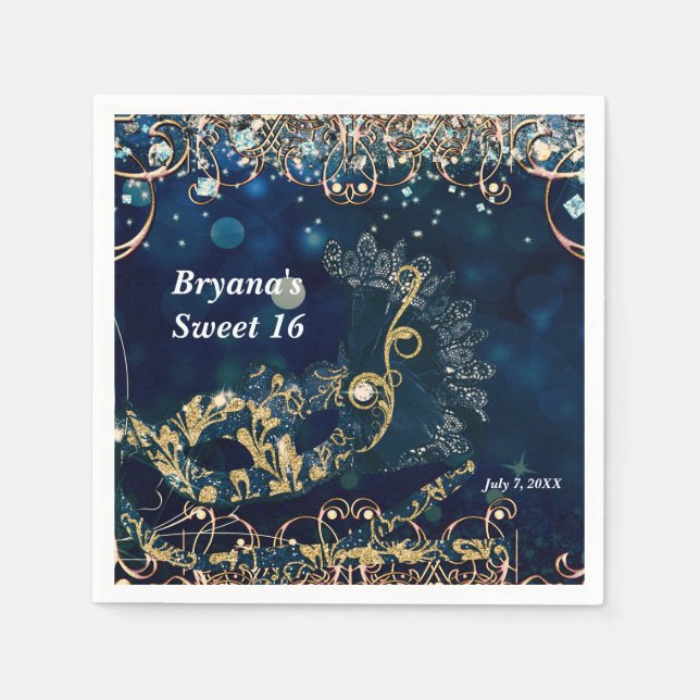 Serviette En Papier Costume bleu et or Masquerade Masque fête d'annive (Devant)