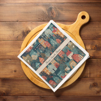 Serviette En Papier Cosy Hygge Village Nordic Folk Art, personnalisé