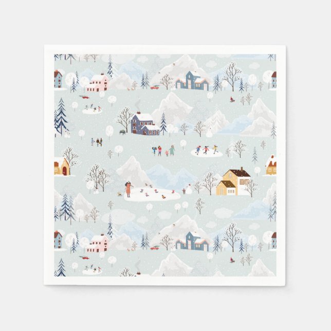 Serviette En Papier Cosy Winter Wonderland Village de patinage sur gla (Devant)