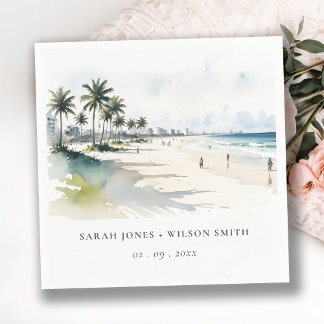 Serviette En Papier Côte Miami Beach Palm Tree Mariage d'aquarelle