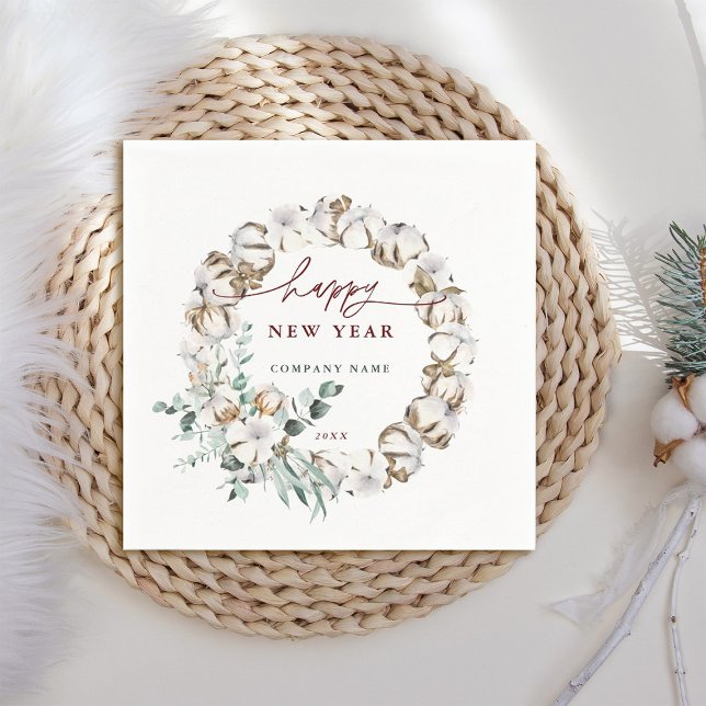 Serviette En Papier Cotton Flower Wreath Happy New Year Holiday (Créateur téléchargé)
