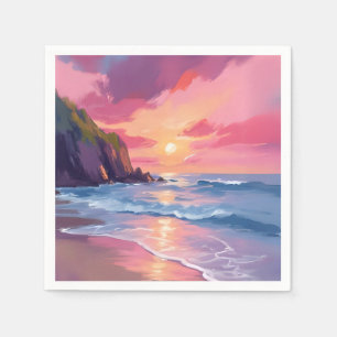Serviette En Papier Coucher de soleil rose Océan Vagues de plage Aquar