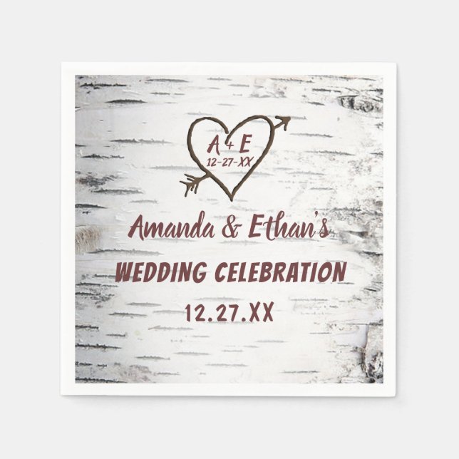 Serviette En Papier Country Birch Tree Bark Heart Flèche Mariage rusti (Devant)