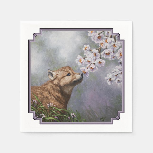 Serviette En Papier Coupe et fleurs de loup gris mignonne pour bébé (Devant)