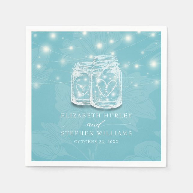 Serviette En Papier Couple Mason Jar Chaîne Lumières Mariage Floral bl (Devant)
