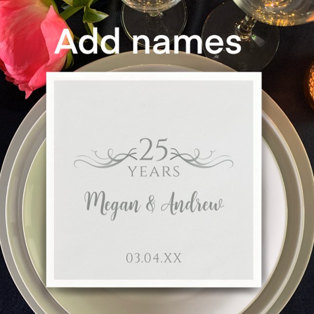 Serviette En Papier Couple's Names Modern 25th Wedding Anniversary (Customize this unique elegant silver 25th wedding anniversary party napkin w/ couple’s names & date
)