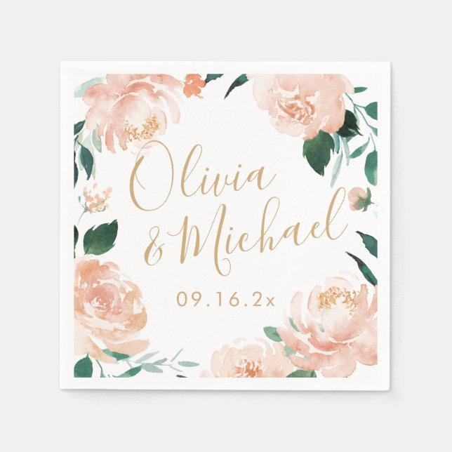 Serviette En Papier Couples noms aquarelle pêche mariage floral (Devant)