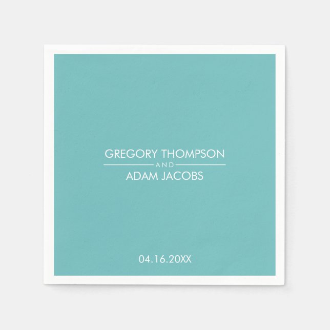 Serviette En Papier Couples Turquoise Lumière moderne Noms et Mariage  (Devant)