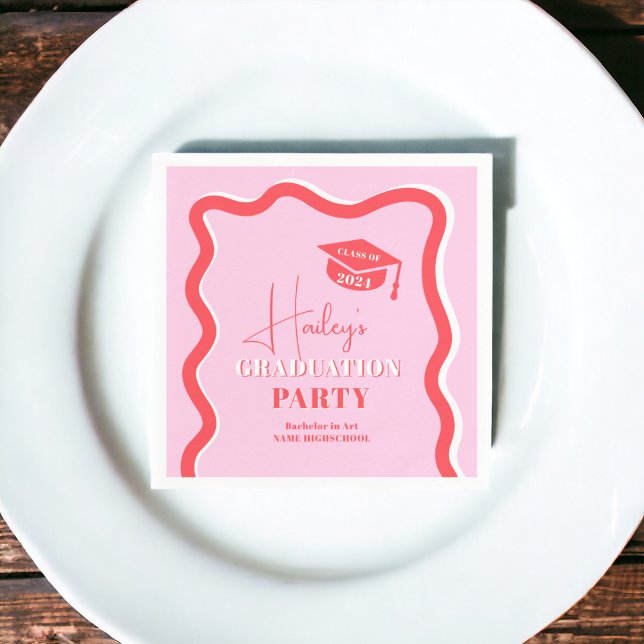 Serviette En Papier Courbe rouge rétro-rosée, inclinaison ondulée (Retro pink red curve squiggle wavy graduation napkins)