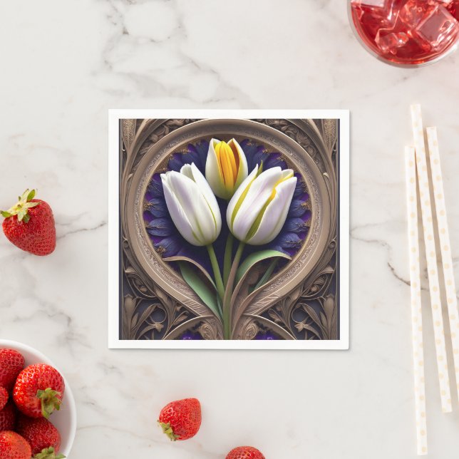 Serviette En Papier Courbes gracieuses : Tulipe blanche au design Art  (En situation)
