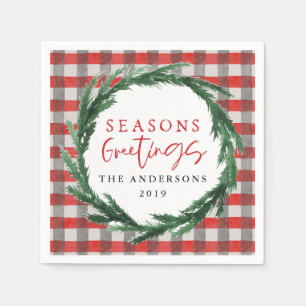 Serviette En Papier couronne d'aquarelle Joyeuses Fêtes + tartan