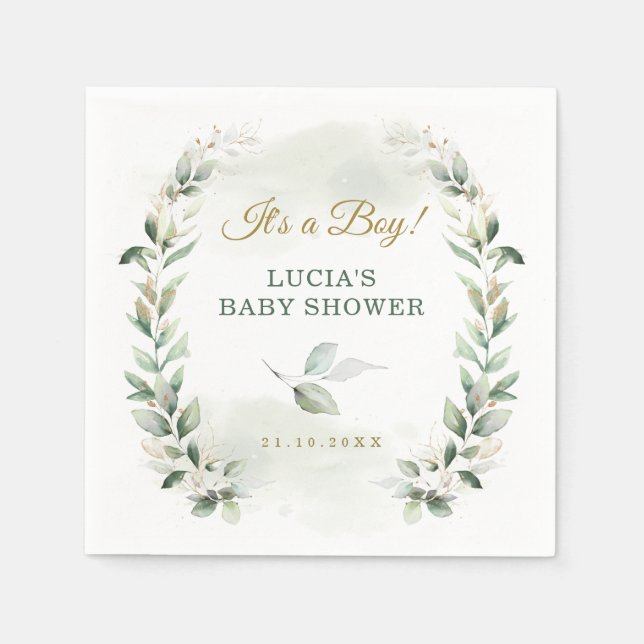 Serviette En Papier Couronne de bébé en or avec feuillage vert tendre  (Devant)