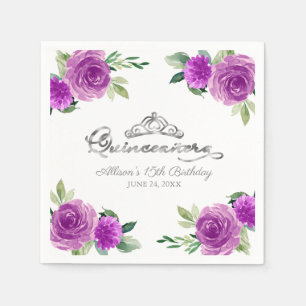 Serviette En Papier Couronne de feuilles d'argent Quinceanera fleurs v