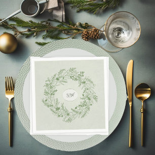Serviette En Papier Couronne de feuilles vert clair avec monogramme