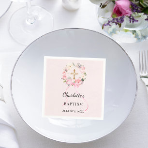 Serviette En Papier Couronne de fleurs rose pour baptême avec croix