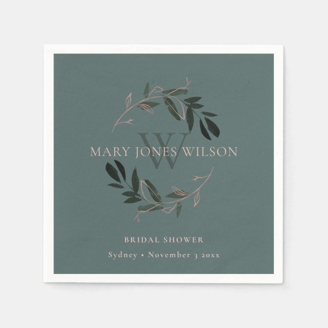 SERVIETTE EN PAPIER COURONNE DE MARIAGE FEUILLAGE ROSE ROUGISSANT VERT (Devant)
